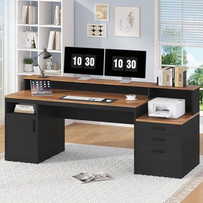YOMILUVE Computer Desk with 3 Drawers & Storage Shelves, 65 Inch Home Office Desk with File Drawer & Cabinet, Writing Study Desks with Monitor Stand & Printer Shelf, Executive Desk, Brown and Black - color: Brown and Black