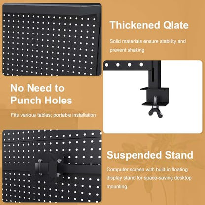 Metal Pegboard Desk Organizer with Dual Monitor Stand, 59x35 Inch Clamp-On Privacy Panel, Carbon Steel Gaming Desk Wall Organizer with 3 Accessories, Black Office Desk Storage System