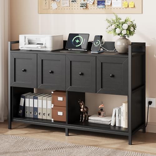 Filing Cabinet for Home Office, 43" Wood File Cabinet with Power Outlet, 2 Drawers, 2 Open Storage Shelves, Black Lateral File Storage Fits Legal/Letter/A4 Size, Printer Stand with Bookshelf Organizer