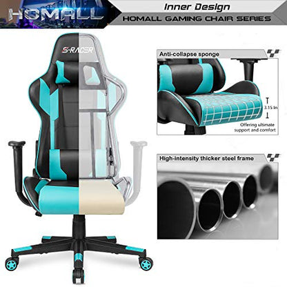 Homall Gaming Chair, Office Chair High Back Computer Chair Leather Desk Chair Racing Executive Ergonomic Adjustable Swivel Task Chair with Headrest and Lumbar Support(Cyan) - color: Cyan
