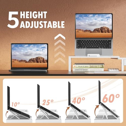 AFOOYO 43.3 Inch Dual Monitor Stand with Laptop Tray & Drawer, 5 Height & 4 Angle Adjustable Ergonomic Computer Riser, MDF Desk Shelf for MacBook Dell HP Lenovo 10-17.3" Laptops-White
