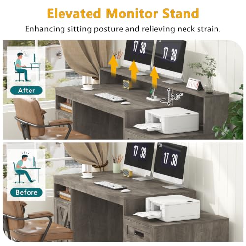 65" Farmhouse Computer Desk with Drawers and Printer Stand for Home Office - color: Grey