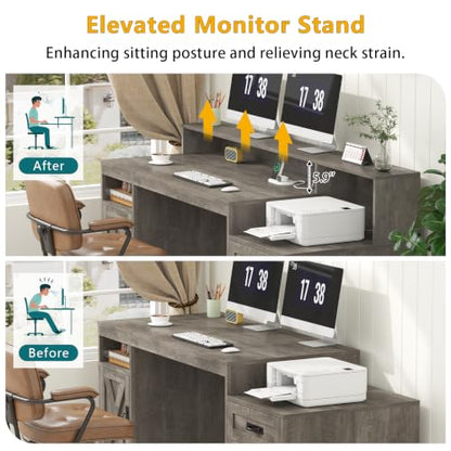 65" Farmhouse Computer Desk with Drawers and Printer Stand for Home Office - color: Grey