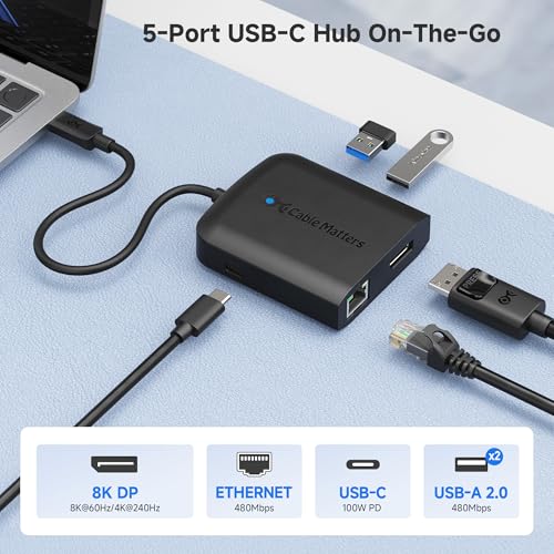 Cable Matters USB C Multiport Adapter (USB C Hub with DisplayPort 8K), 2X USB 2.0, Fast Ethernet, and 60W Charging in Black - Thunderbolt 4 / USB4 / Thunderbolt 3 Port Compatible with MacBook Pro - color: Black