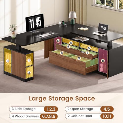SEDETA Modern L Shaped Executive Electric Standing Desk with 4 Drawers | 69" x 55" Height Adjustable Office Desk with Storage Shelves, Power Outlet, Sit Stand Computer Desk, Black and Brown - color: Modern Black+ Brown