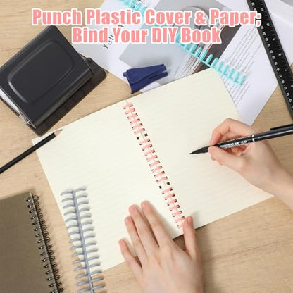 Grey 10-Hole Binding Machine for Planner with 20pcs Comb Binding Spines, Plastic Spiral Bindings Coils，30 Holes on A4,20 Holes on A5,26 Hole on B5,10 Sheet Capacity