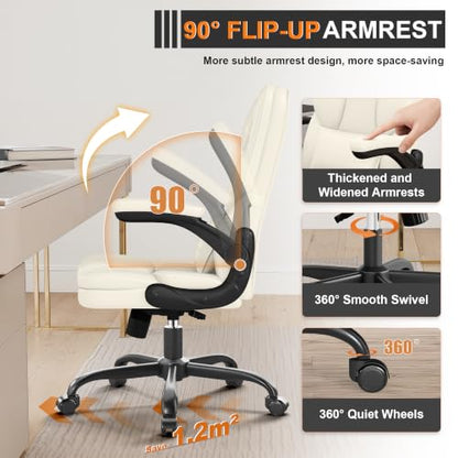 Executive Office Chair Flip Up Arms Lumbar Support Home Office Desk Chair - color: Cream