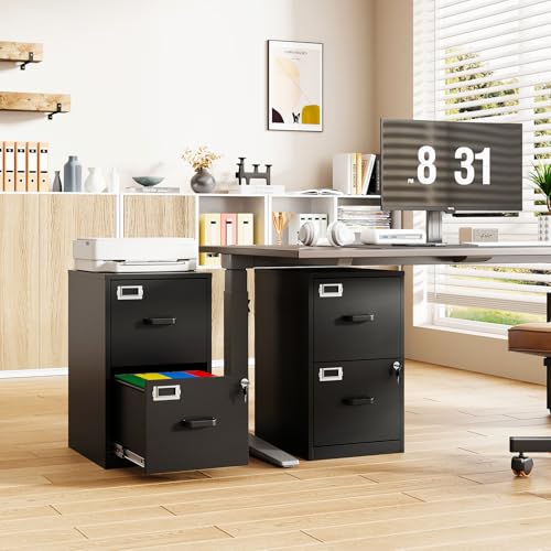 2-Drawer File Cabinet with Lock, Small Filing Cabinet Organizer for Hanging A4/Letter/Legal Size Folder, Under Desk Vertical Filing Cabinets for Home Office, Printer Stand, Black - color: Black, size: 25.4"H x 15"W x 17.7"D
