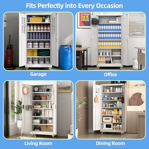 Aobabo Steel Garage Cabinet with Wheels, 71" H x 32" W x 16" D, White | 5 adjustable shelves, lockable doors, pegboard panel and 4 casters with 2 locking brakes; assembly required. - color: White, size: 16"D x 32"W x 71"H-0 Drawers