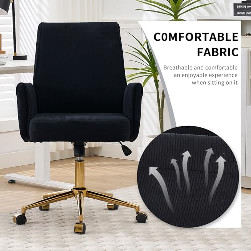 YITAI Stripes Velvet 360°Swivel Desk Chair, Modern Height Adjustable Home Office Armchair with Gold Base and Wheels for Vanity, Comfy Computer Chair for Study Living Room Bedroom（Black） - color: Black