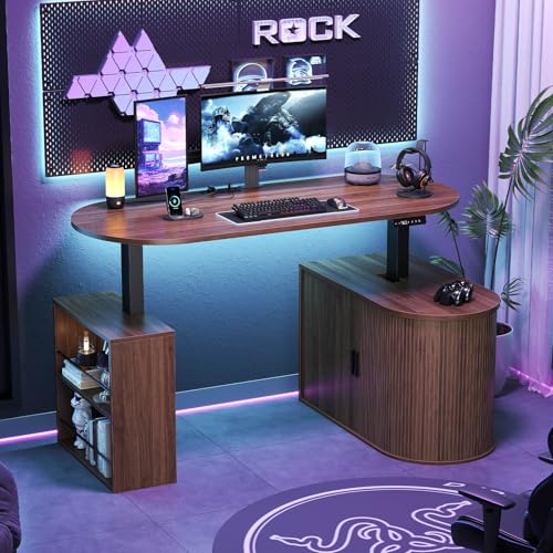 HSH Standing Office Desk with Storage, 60" Electric Standing Desk, Walnut | L Shaped Standing Computer Desks with Open Shelf, Executive Desk Height Adjustable Power Outlet, Stand Up Desk for Home