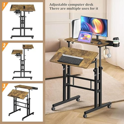 Simple Deluxe Split Top Rotating Standing Desk on Wheels – 23.6" Manual Adjustable Height Mobile Laptop Computer Table – Sit Stand Rolling Workstation with Tilt Function – Brown - color: Brown