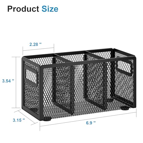 Marbrasse Mesh Pen Holder for Desk, Pencil Holder Desk Organizer 3 Adjustable Compartments, Pencil Cup with Handle Perfect for Classroom, Office, Home, Makeup, Art (Black) - color: Black