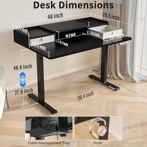 Kingant Standing Desk with Dual Drawers,Electric Height Adjustable 48"x 30" | Built-in USB A&C Charging ports Large Workstation, Heavy-Duty Sit Stand Up Desk For Home Office Daily Work,Black - color: Black, size: 48" x 30"