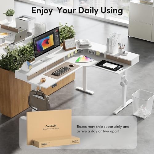 FEZIBO L Shaped Electric Standing Desk, 63x48 inch Large with Drawers | Reversible Tabletop, 2 Memory Height Settings | Home Office & Gaming Height-Adjustable Table, Warm White（2 Packages） - color: Warm White, size: 63"x48"