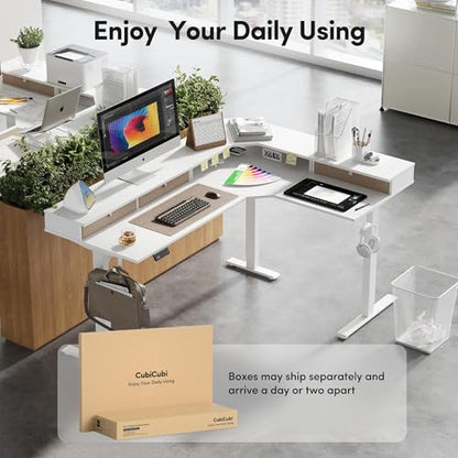 FEZIBO L Shaped Electric Standing Desk, 63x48 inch Large with Drawers | Reversible Tabletop, 2 Memory Height Settings | Home Office & Gaming Height-Adjustable Table, Warm White（2 Packages） - color: Warm White, size: 63"x48"