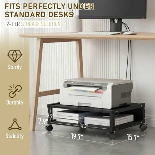 Zonon 2 Tier Printer Stand Under Desk with Wheels, Open Shelf, Black - color: Black