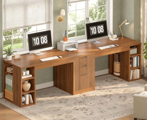 SEDETA Fluted 96.5" 2 Person Computer Desk with Storage Drawers - color: Fluted Brown