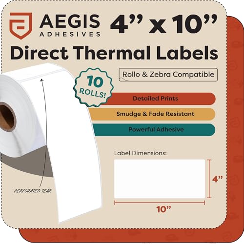 4" X 10" Direct Thermal Labels (1600 Count, 10 Rolls) | Extended Shipping Labels and Barcode Stickers for Warehouse Carton Relabeling - Compatible With Zebra and Rollo Printers - size: 4" X 10"