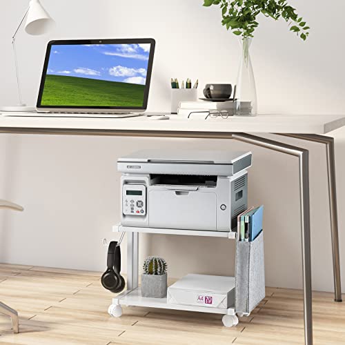 Printer Stand Under Desk Printer Table with Wheels 2 Tier Small Printer Cart with Storage Bag Desktop White Printer Stands for Home Office Fax Machine Scanner Files (White) - color: White