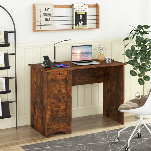 Tangkula Computer Desk with Drawers & Charging Station, Wooden Home Office Desk PC Laptop Notebook Desk, Compact Study Desk Writing Desk, Computer Workstation Ideal for Home & Office (Rustic Brown) - color: Rustic Brown