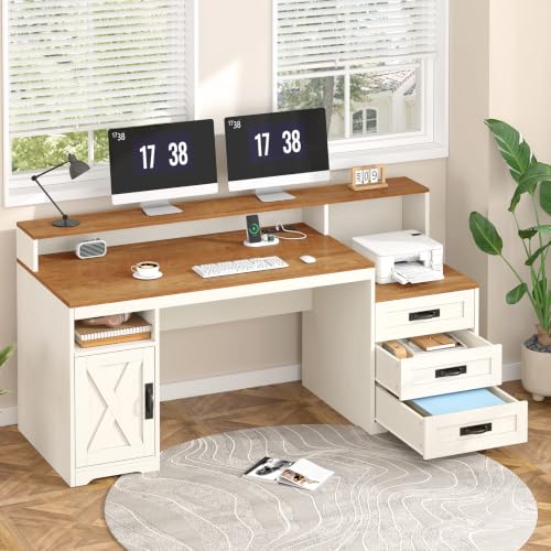65" Farmhouse Computer Desk with Drawers and Printer Stand for Home Office - color: Brown and White