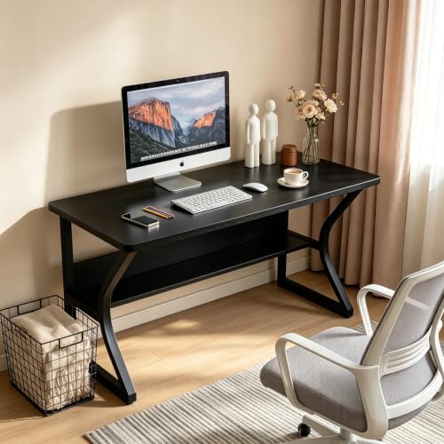 Office Desk with Storage Shelf - 55.1" Computer Writing Desk - color: Black, size: 55.1 x 19.7