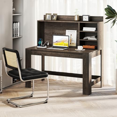 Giantex Computer Desk with Hutch, Modern Home Office Desk with Power Outlets, Storage Shelves & Cable Hole, Makeup Vanity Table, Study Writing Desk for Bedroom Office Small Space (Grey Oak) - color: Grey Oak