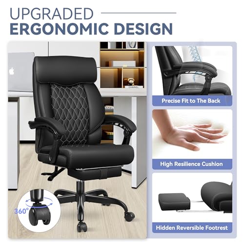 Office Chair, Big and Tall Office Desk Chair, Reclining Office Chair with Footrest Home Office Desk Chairs, High Back Ergonomic with Lumbar Support, Executive Leather - color: Black, style: With Footrest
