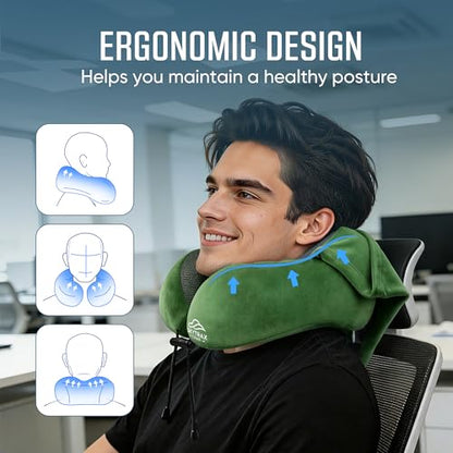 SkytraxComf® Travel Neck Pillow with Hood for Privacy on Long Flights | Memory Foam | Airplane Sleep | Safety-Tested Materials | Extra Large Hood | Chin Support | Earplugs | Washable Cover - color: Olive