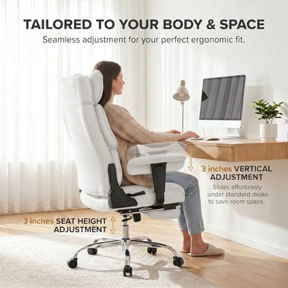 mokodo Big and Tall Office Chair 400lbs, Breathable Fabric Executive Desk Chair with Pocket Spring Cushion, 155° Reclining Computer Chair with Integrated Headrest & Lumbar Pillow (White) - color: White