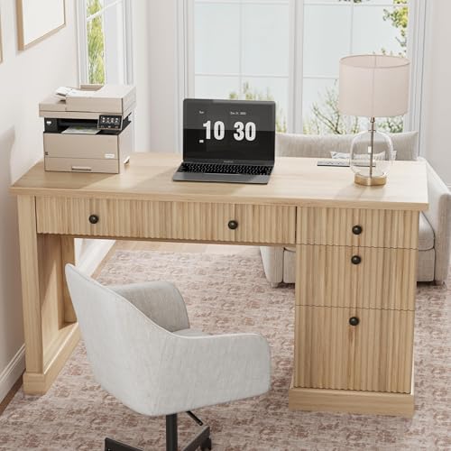 54-Inch Fluted Computer Desk with Drawers and Charging Station - color: Natural, size: 21.6"D x 54"W x 30"H