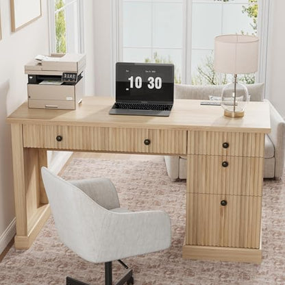 54-Inch Fluted Computer Desk with Drawers and Charging Station - color: Natural, size: 21.6"D x 54"W x 30"H