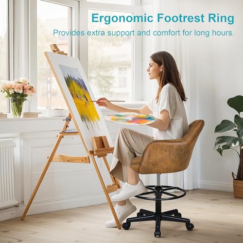 VECELO Drafting Chair with Low Back and Footrest Ring, Height Adjustable, Swivel Rolling Wheels, for Drawing/Standing Desk/Office, Linen Fabric，Brown