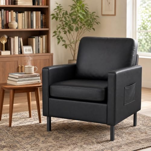 Mid Century Black Leather Mordern Accent Arm Chairs for Living Room | AODAILIHB Cloud Small Sofa With 2 Side Pockets Thick Cushion, Comfy Couch with Metal Leg for Office/Waiting Room/Bedroom/Dorm - size: 1 chair