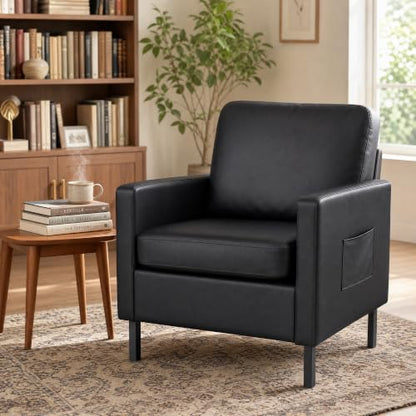 Mid Century Black Leather Mordern Accent Arm Chairs for Living Room | AODAILIHB Cloud Small Sofa With 2 Side Pockets Thick Cushion, Comfy Couch with Metal Leg for Office/Waiting Room/Bedroom/Dorm - size: 1 chair