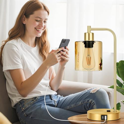 Set of 2 Industrial Touch Control Table Lamps with 2 USB Ports and AC Outlet - 3-Way Dimmable Gold Bedside Lamp Nightstand Desk Lamps for Bedroom Living Room, Amber Glass Shade & 2 LED Bulbs Included - color: Gold(2 pack)-Amber Glass-Touch Control