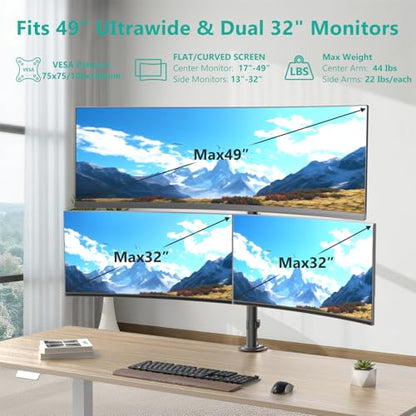 WALI Triple Monitor Mount for up to 49 inch Ultrawides on Top Bracket and 32 inch Screens on Side Brackets, Extra Tall 3 Monitors Desk Mount, Heavy Duty Monitor Arm up to 44 lbs (M003-P), Black - size: 13"-49", style: Triple