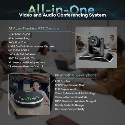 TONGVEO All-in-One Conference Room Video Camera System Al Auto-Tracking HD1080P 60fps 3X Optical Zoom USB3.0 HDMI PTZ Camera and Bluetooth Conference Speakerphone with Microphones - color: Black