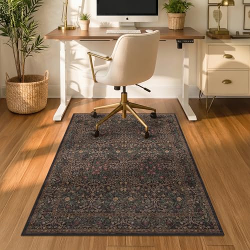 Dark Brown 3x4 Washable Office Rugs for Rolling Chairs, Small Low Pile Home Office Rug for Computer Gaming Chair, Slip-Resistant and Area Rug for Protecting Floors, Boho Taupe Floral Design - color: Forest - Dark Brown, size: 3' x 4'
