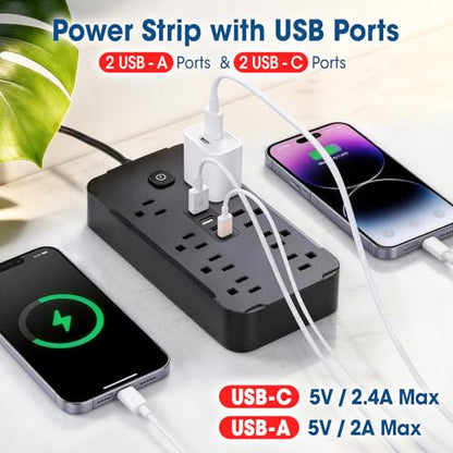 6 Feet Surge Protector Power Strip, 8 AC Outlets and 4 USB Ports (2 USB C), 1430W/11.5A, Flat Plug Extension Cord Outlet Extender for Office, Home, Black