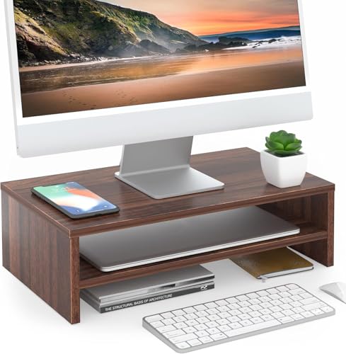 FITUEYES Wooden Monitor Stand Riser, 2-Tier Desk Storage Shelf, Brown | 16.7-Inch Desktop Organizer Fits Laptop, Computer Screen and Office Supplies - color: Brown, size: 16.7“
