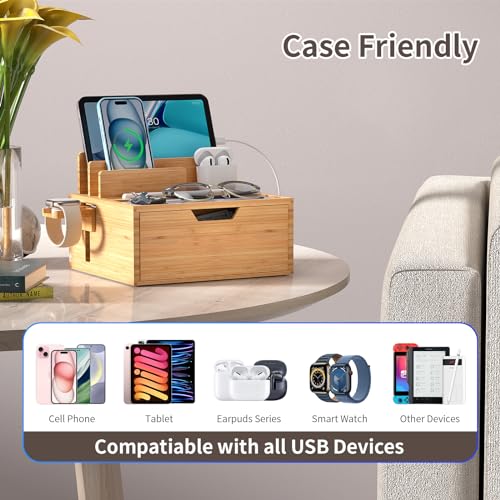 Pezin & Hulin Charging Station Dock with Charger HUB and Cables-Natural | Nightstand Docking Station with Lined Tray & Drawer for Multi Device, Compatible with Tablet, Cell Phones, Watch & Earbuds - color: Natural (With Charger)