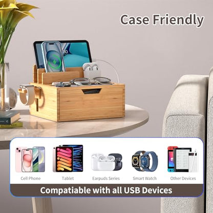 Pezin & Hulin Charging Station Dock with Charger HUB and Cables-Natural | Nightstand Docking Station with Lined Tray & Drawer for Multi Device, Compatible with Tablet, Cell Phones, Watch & Earbuds - color: Natural (With Charger)