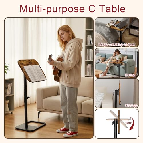 Tv Tray Table Adjustable Height Couch Side Table, Tilt Angle Adjustments-360° Swivel/180° Flip-Over Panel C-Shaped End Table With Tablet Slot, Computer Desk for Chair, Living Room (Rustic Brown) - color: Rustic Brown, style: Angle Tilt