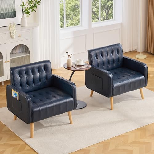 Leather Accent Chair Set of 2, Living Room Chair with Wooden Legs (Blue) | CHYMSUN, Mid-Century Modern, Tufted Backrest, Side Pocket, Cozy, Comfy Armchair, Office, Living Room, Waiting Room - color: Blue, size: 2
