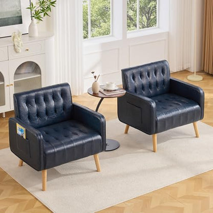Leather Accent Chair Set of 2, Living Room Chair with Wooden Legs (Blue) | CHYMSUN, Mid-Century Modern, Tufted Backrest, Side Pocket, Cozy, Comfy Armchair, Office, Living Room, Waiting Room - color: Blue, size: 2