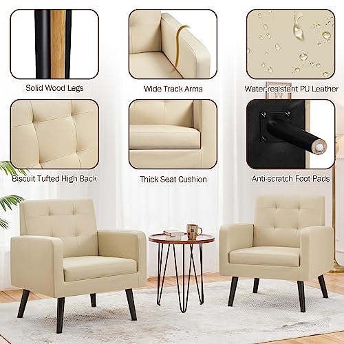 Yaheetech Mid Century Accent Chair Living Room Chair Retro Beige | Faux Leather Upholstered Sillones Para Sala, Modern Reading Nook Chair, Button Tufted Back, Rubberwood Legs, Bedroom Office - color: Beige, size: set of 1