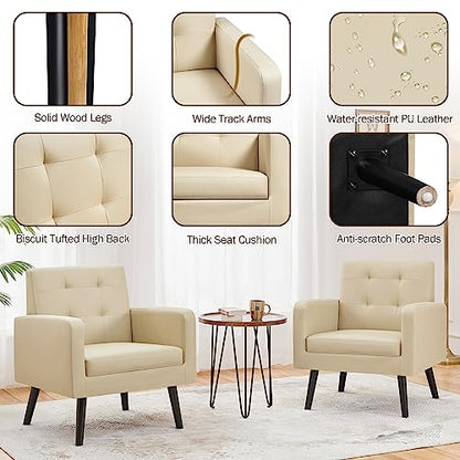 Yaheetech Mid Century Accent Chair Living Room Chair Retro Beige | Faux Leather Upholstered Sillones Para Sala, Modern Reading Nook Chair, Button Tufted Back, Rubberwood Legs, Bedroom Office - color: Beige, size: set of 1