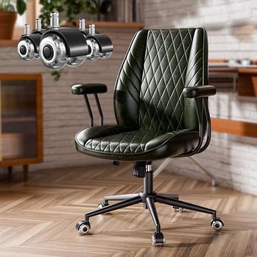 Green Leather Office Desk Chair with Quiet Rubber Wheels, Height Adjustable, Padded Arms, Vintage Mid Century Office Chair, Retro Style Desk Chair - color: Green
